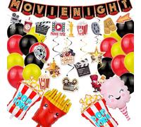 SKIRUP Lot de 44 décorations de soirée cinéma à suspendre sur le thème du théâtre, popcorn, frites, guimauve, ballons en aluminium pour soirée cinéma, anniversaire, décorations de fête