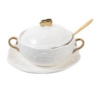 SKISUNO Bol à Dessert Cuillère et Disque en Céramique Blanche avec Double Anse, Léger et Facile à Nettoyer, Set Complet avec Couvercle Plusieurs styles pour Camping ou Plusieurs styles