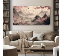 SKOEUI Grand Paysage Asiatique Tableau Decoration Murale Salon Fleurs De Cerisier Impression sur Toile 80x160 cm Peinture sur Toile Sans Cadre pour Chambre Cuisine Bureau Horizontal Poster Mural