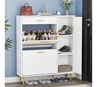 Skokliz Moderne Armoire à Chaussures avec 2 tiroirs et Placard latéral, Meuble à Chaussures Rangement caché avec étagères réglables, pour Entrée, Salon, 90x 24 x 105 cm