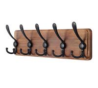 SKOLOO Porte Manteau Mural Bois Brun, Le Style Rustique, 44cm Longue,Grand Porte-manteau Mural avec 5 Crochets Triples Pour suspendre sac à dos, veste, chapeau