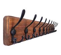 SKOLOO Porte Manteau Mural Bois Brun, Le Style Rustique, 98cm Longue,Grand Porte-manteau Mural avec 10 Crochets Triples Pour suspendre sac à dos, veste, chapeau