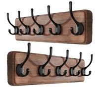 SKOLOO Porte Manteau Mural Bois Marron, Le Style Rustique, 44cm Longue,Grand Porte-manteau Mural avec 5 Crochets Doubles Pour suspendre sac à dos, veste, chapeau(Paquet de 2)