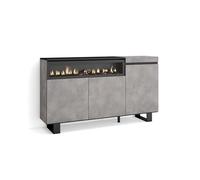 Skraut Home | Buffet Salon et Cuisine | Meuble de Rangement, Commode | 150x87x35cm | 3 Portes | Cheminée électrique | Design Industriel | Style Moderne | Ciment