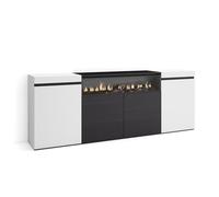Skraut Home | Buffet Salon et Cuisine | Meuble de Rangement, Commode | 200x75x35cm | 4 Portes | Cheminée électrique | Style Moderne | Blanc et Noir