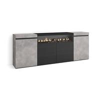 Skraut Home | Buffet Salon et Cuisine | Meuble de Rangement, Commode | 200x75x35cm | 4 Portes | Cheminée électrique | Style Moderne | Ciment