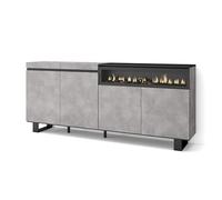 Skraut Home | Buffet salon et cuisine | Meuble de Rangement, Commode | 200x87x35cm | 4 Portes | Cheminée électrique | Design industriel | Style moderne | Ciment
