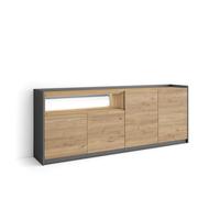 Skraut Home | Buffet Salon et Cuisine | Meuble de Rangement, Commode | 207x80x37 cm | 4 Portes | LED | Style Moderne | Chêne et Noir