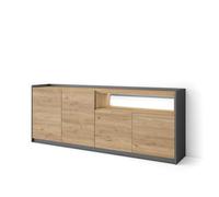 Skraut Home | Buffet Salon et Cuisine | Meuble de Rangement, Commode | 207x80x37 cm | 4 Portes | LED | Style Moderne | Chêne et Noir