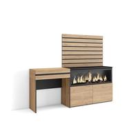 Skraut Home | Coiffeuse | Table Maquillage, Rangement | 177x145x35 cm | avec tiroir | Cheminée électrique XXL | Panneaux Muraux en Bois | Style Moderne | Chêne