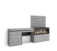 Skraut Home | Coiffeuse | Table Maquillage, Rangement | 234x145x35 cm | avec tiroir | Cheminée électrique XXL | Commode, Buffet | Panneaux Muraux en Bois | Style Moderne | Ciment