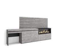 Skraut Home | Coiffeuse | Table Maquillage, Rangement | 284x145x35 cm | avec tiroir | Cheminée électrique XXL | Commode, Buffet | Panneaux Muraux en Bois | Style Moderne | Ciment