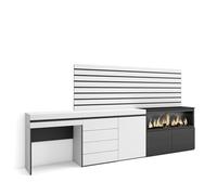 Skraut Home | Coiffeuse | Table Maquillage, Rangement | 284x145x35 cm | avec tiroir | Cheminée électrique XXL | Commode, Buffet | Panneaux Muraux en Bois | Style Moderne | Blanc