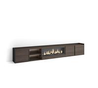 Skraut Home | Meuble TV | Banc Télé | Grand Espace de Rangement | 315x50x35 cm | pour écrans jusqu'à 80" | Cheminée électrique XXL | LED | Style Moderne | Chêne foncé et Noir