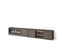 Skraut Home | Meuble TV | Banc Télé | Grand Espace de Rangement | 315x50x35 cm | pour écrans jusqu'à 80" | Cheminée électrique XXL | LED | Style Moderne | Chêne foncé et Noir