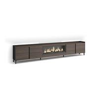 Skraut Home | Meuble TV | Banc Télé | Grand Espace de Rangement | 315x61x35 cm | pour écrans jusqu'à 80" | Cheminée électrique XXL | Design Industriel | LED | Style Moderne | Chêne foncé et Noir
