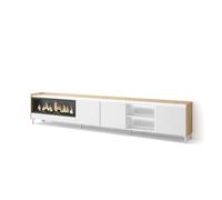 Skraut Home | Meuble TV | Banc Télé | Grand Espace de Rangement | 315x61x35 cm | pour écrans jusqu'à 80" | Cheminée électrique XXL | Design Industriel | LED | Style Moderne | Blanc et Chêne Soft