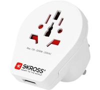 SKROSS 72872 Country Adapter World to UK USB, blanc - convient pour tous les appareils avec ou sans mise à la terre (2 et 3 pôles), avec chargeur USB intégré