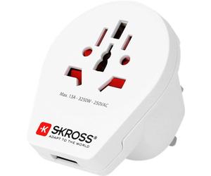 SKROSS 72872 Country Adapter World to UK USB, blanc - convient pour tous les appareils avec ou sans mise à la terre (2 et 3 pôles), avec chargeur USB intégré