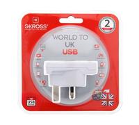 SKROSS 72872 Country Adapter World to UK USB, blanc - convient pour tous les appareils avec ou sans mise à la terre (2 et 3 pôles), avec chargeur USB intégré