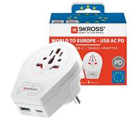 Skross World to Europe Adaptateur de voyage USB AC20PD, avec 1 port USB de type C et 1 port USB de type A, charge rapide, alimentation électrique, protection contre les chocs
