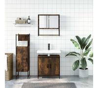 SKTQYQO Ensemble de meubles de salle de bain 3 pièces chêne fumé en bois multicouche | 60 x 30 x 60 cm, lavabo, 60 x 16 x 60 cm, miroir, 33 x 33 x 120,5 cm, armoire en acier revêtu par poudre