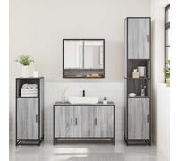 SKTQYQO Ensemble de meubles de salle de bain 3 pièces gris Sonoma bois multicouche | Armoire avec miroir, meuble lavabo 90 x 33 x 60 cm, cadre en métal, verre