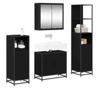 SKTQYQO Ensemble de meubles de salle de bain 4 pièces chêne noir bois multicouche | Portes encastrées, poignées en barre, installation murale, 6 tiroirs, 4 portes, entretien facile