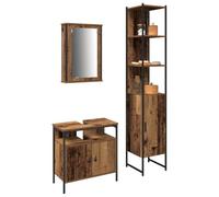 SKTQYQO Ensemble de salle de bain 3 pièces en bois vieilli avec miroir | Armoire miroir - Meuble lavabo - Meuble haut - 4 portes - Porte encastrée - Boutons noirs