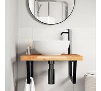 SKTQYQO Étagère lavabo murale 60 x 60 x 4 cm en acier noir acacia | Forme trapèze, support 100 kg, montage flexible, salle de bain peu encombrante