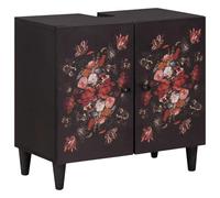 SKTQYQO Lot de 3 armoires de salle de bain en bois massif de mangue | Avec miroir, meuble lavabo, armoire supplémentaire, motifs floraux, boutons en laiton