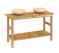 SKTQYQO Meuble de salle de bain 2 lavabos marbre crème bois massif teck 132 cm | Joint en osier, main courante nickel brossé, assemblage requis, fixation murale incluse