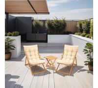 Skye Decor, ensemble de mobilier de jardin haut de gamme (3 pièces), 100 % hêtre, non verni, table : 40 x 40 cm, chaises : 59 x 90 x 44 cm, lasure à base d'eau, marron et crème, style rustique.