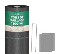 SKYLANTERN Toile de Paillage 50m² très épais 130g / m2 + 100 agrafes en Acier galvanisé - Geotextile Anti Repousse Gravier 50Mx1M pour Terrasses et Allées - Bache Noire Agricole + 100 Sardines