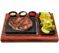 SLATEEX Planche à Steak en Bois d’Acacia avec Pierre Ollaire, Plateau de Service avec Bac en Acier Inoxydable, 3 Coupelles à Sauce, Pierre de Cuisson Naturelle 20 × 13 × 3 cm, Fabriqué en Italie