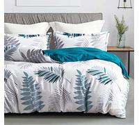 SLEEPBELLA Ensemble de Couette 3 pièces en Coton 600 Fils au Pouce carré, Motif Floral Bleu avec Feuilles Kaki et Grises, réversible, Alternatif au Duvet (Grand lit, Bleu botanique)