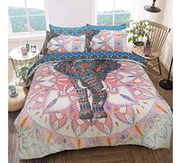 Sleepdown Housse de Couette réversible avec Motif d’éléphant et de Mandala - Entretien Facile, Tissus Doux et hypoallergéniques - avec taies d’Oreiller, Coton Polyester, Rose/Bleu, Double