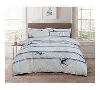 Sleepdown Parure de lit 100% Coton avec Housse de Couette et taie d'oreiller Motif Oiseaux côtiers Blanc/Bleu uni King Size (230 x 200 cm)