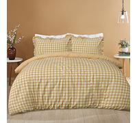 Sleepdown Parure de lit avec Housse de Couette et taies d'oreiller à Volants - Motif Vichy - Jaune Moutarde - Super King Size (260 x 220 cm)