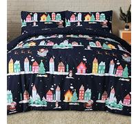 Sleepdown Parure de lit réversible avec Housse de Couette et taies d'oreiller Motif Santa Town Bleu Marine 200 x 200 cm