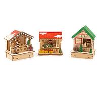 Small Foot 11390 Set de Lampes Marché de Noël, en Bois, Trois Cabanes en Bois avec Lumière