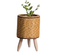 Small Plant Stand, 5,5 pouces rustiques Stand de plante en osier avec des pattes en bois et une doublure en plastique, un porte-rotin de jardinière à l'intérieur, un pot de plante debout pour la déco