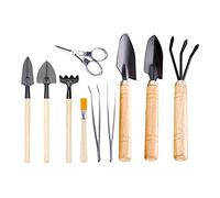Smandy Ensemble d'outils Miniatures Kit d'outils de bonsaï Portable 10 Pièces en Plastique Fer Bois avec Ciseaux Pince à épiler Pelles Râteaux et Brosse pour Plantes Succulentes Petits Pots Maison
