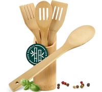 smartday Lot de 5 ustensiles de cuisine en bois - Ustensiles de cuisine avec support 100 % bambou - Ustensiles de cuisine en bois, cuillères en bois, cuillères en bois, spatule