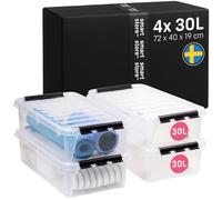 SmartStore - 4x Boîte de Rangement Plastique avec Couvercle Classic 30L (72x40x19cm) | Empilable et de Qualité Alimentaire | Boîte Plastique avec Couvercle & Coins Renforcés | Garantie 10 Ans