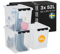 SmartStore Boîte de Rangement | 3 caisses 52L | 50x39x41cm, clips noirs | Boîtes empilables avec couvercle pour dressing & sous le lit | grande caisse plastique alimentaire transparente | bac, casier