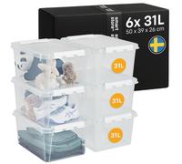 SmartStore Boîte de Rangement | Lot de 6 grandes caisses 31L | 50x39x26cm | Boîtes empilables avec couvercle pour dressing & sous le lit | grande caisse plastique alimentaire transparente | bac, casier