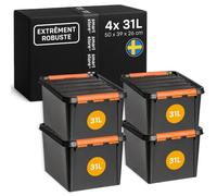 SmartStore Boîte de Rangement Plastique Ultra Robuste 4x 31L, 50x39x26cm | Caisses empilables avec couvercle pour garage, atelier & déménagement, outils sur étagères, malle de stockage