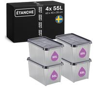 SmartStore Boites de Rangement en Plastique Garage avec Couvercles - Lot de 4 - Transparentes - IP44 - Étanches, Emboîtables et Empilables - Aptes au Contact Alimentaire - L 60 x l 40 x H 35 cm - 55L