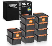 SmartStore boîtes de rangement en plastique ultra robustes avec couvercle | 14 L | Lot de 10 | Empilables avec clips, pour garage, outils ou déménagement |Sans BPA | 40 × 30 × 19 cm